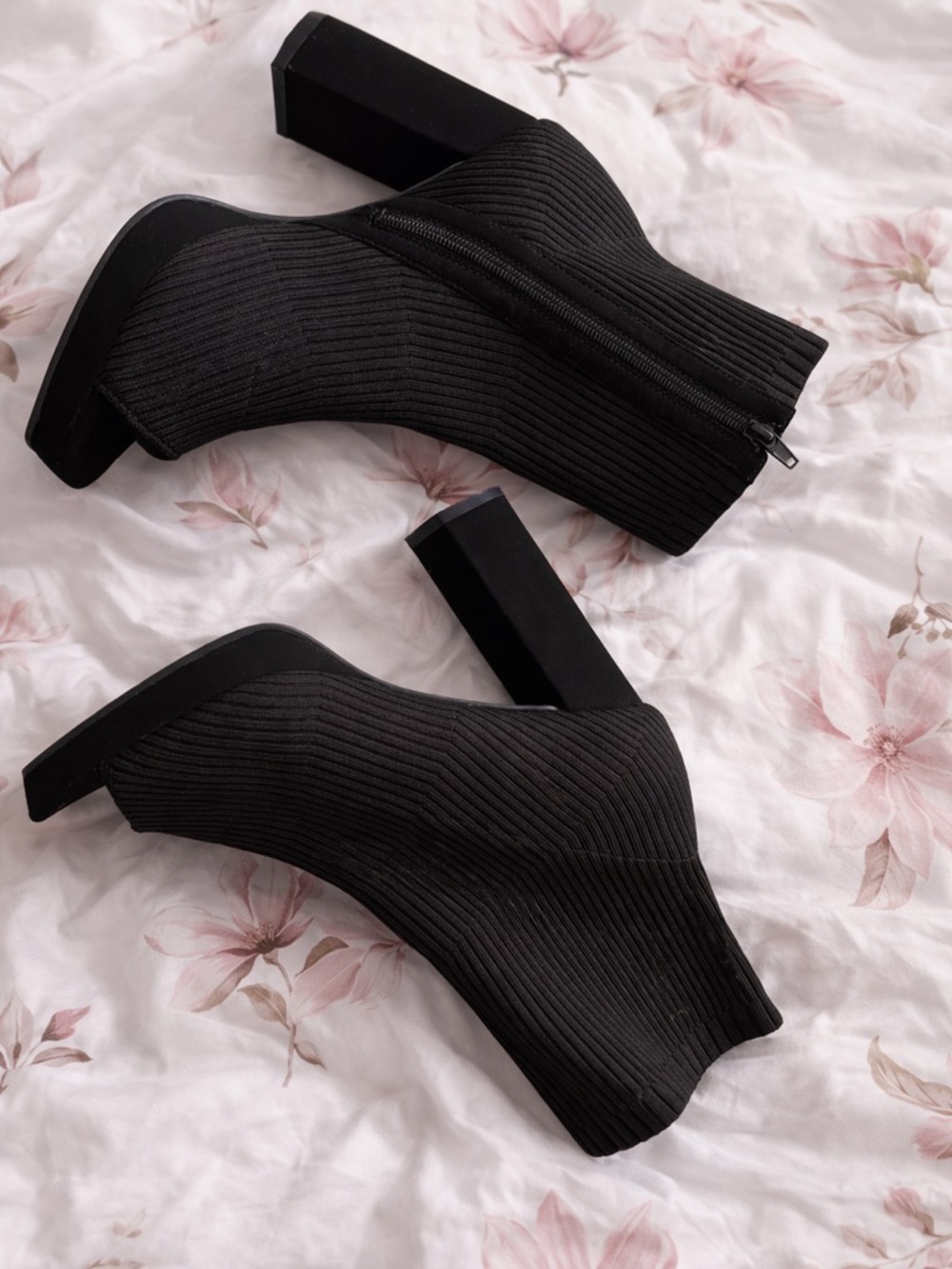 Black Ribbed Sock Ankle Booties with Block Heel